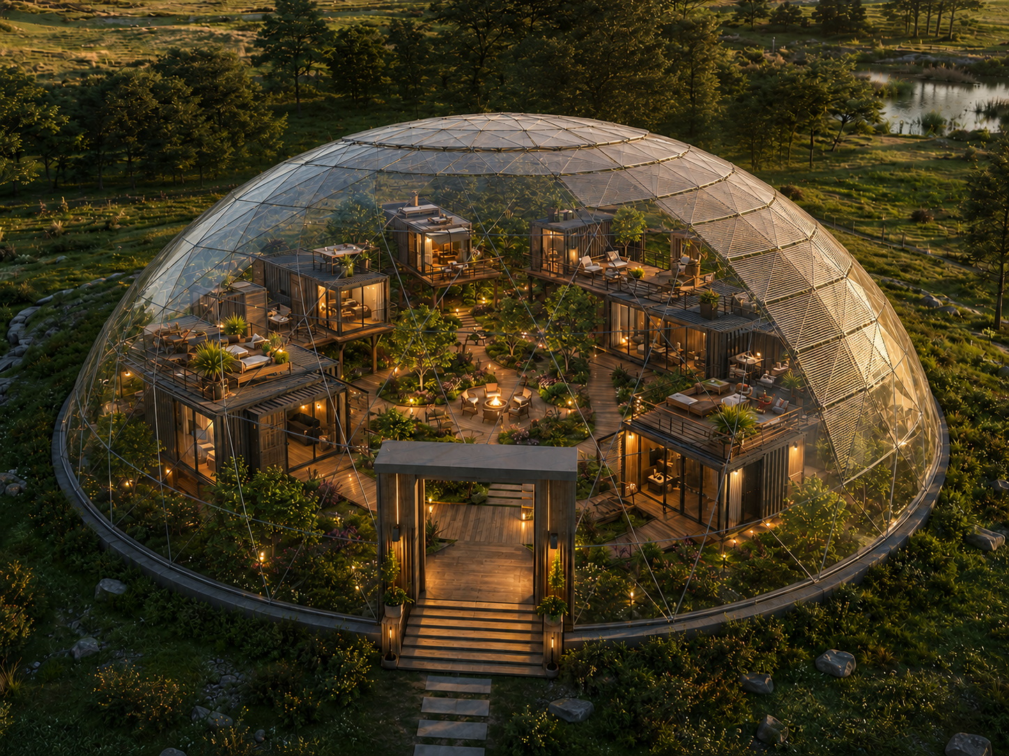GEODOMAS transparent geodesic roof over a modular home, courtyard and terrace