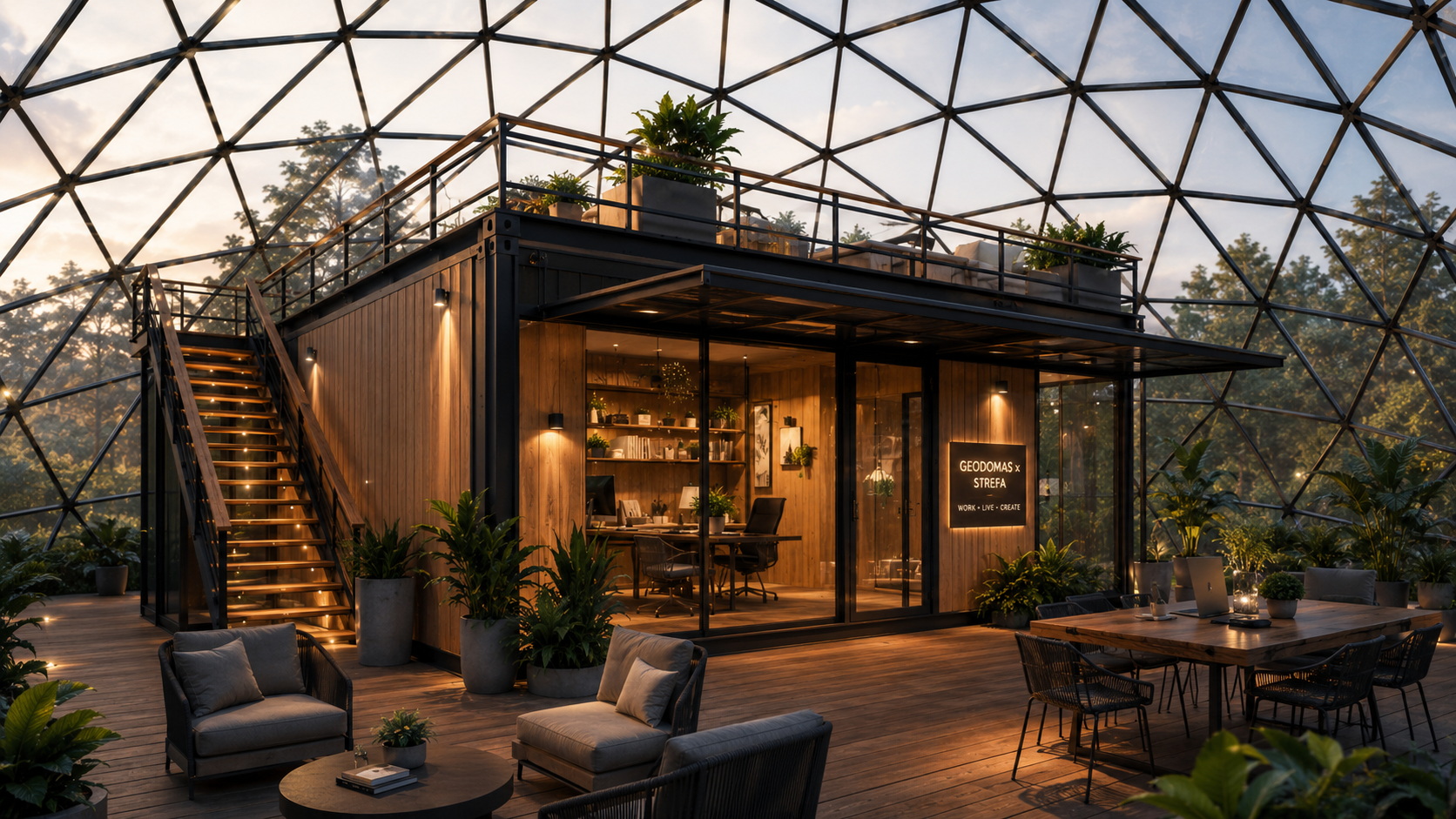 A modular home complex under a transparent geodesic dome